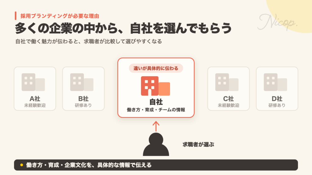 多くの企業の中から自社を選んでもらうには、働き方・育成・チームの情報を具体的に伝える
