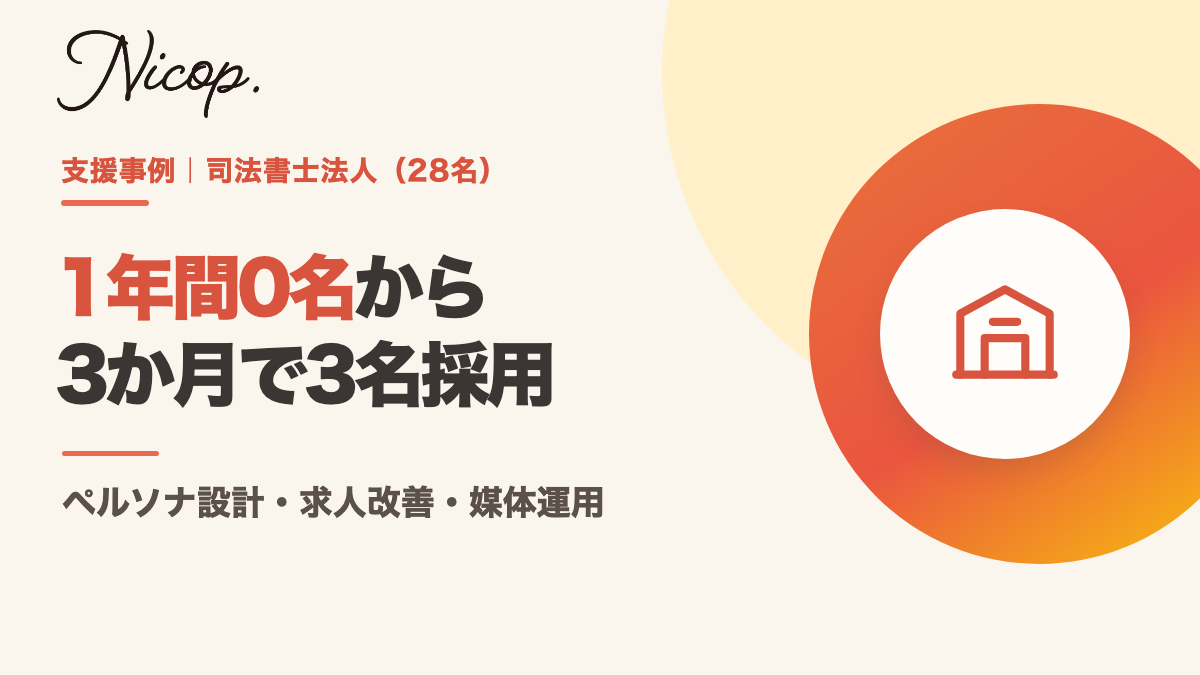 支援事例：司法書士法人（28名）。1年間0名から3か月で3名採用